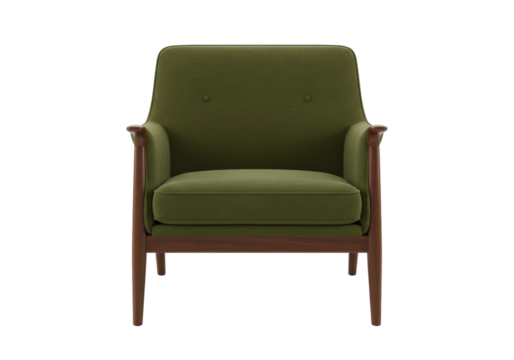 Isolated Olive Green Accent Chair. Modern Living Room Furniture on Display. Indoor Comfortable Seat