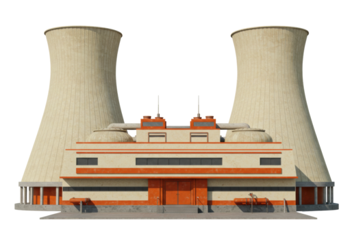 Isolated Nuclear Power Plant Building with Cooling Towers, Reactor, and Control Facility