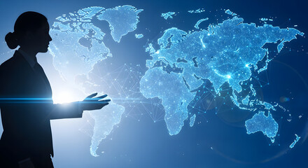Woman silhouette presenting global map representing international business