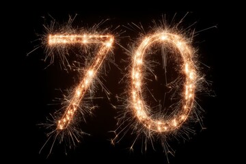 Sparkling Number 70 in Bright Fireworks Against Black Background