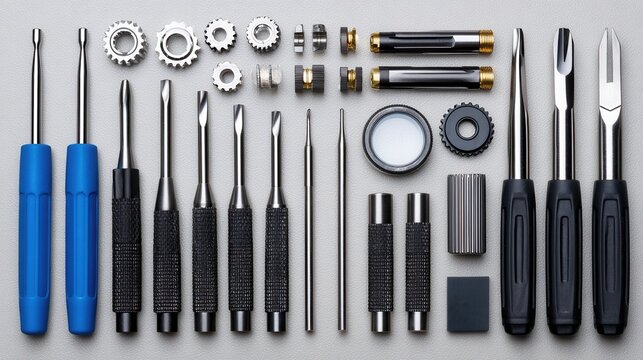 A collection of precision hand tools including screwdrivers and bits, arranged neatly. Ideal for DIY projects, repairs, and craftsmanship.