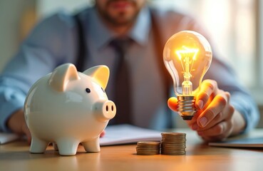 Man holds bright glowing light bulb near piggy bank and coin stacks. Represents idea savings investment and energy efficiency success. Innovative financial planning in business.