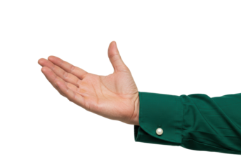 Isolated presenting hand in business attire, gesturing to an empty space with hand and arm