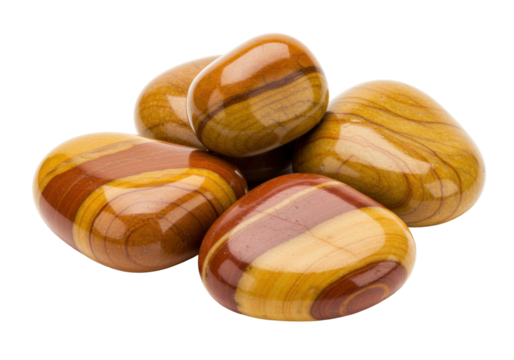 Isolated polished banded agate stones with brown and tan bands, gemstones, close-up view