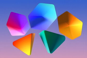 Colorful geometric shapes floating in abstract space in front of a gradient background