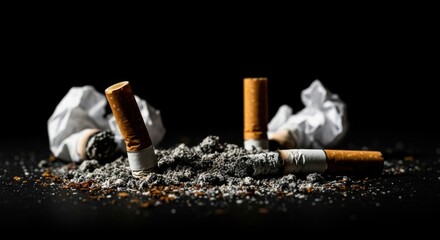 Cigarette butts and ash scattered on a dark surface creating a stark contrast in a still life composition