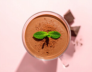 Chocolate Mousse Dessert with Mint Garnish, Top View on Soft Pink Background.