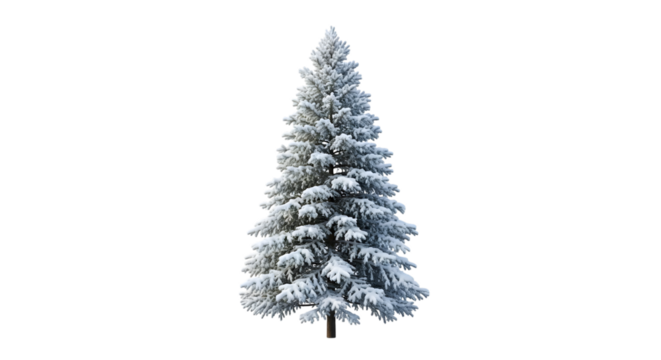 Tall evergreen pine tree covered in snow isolated on transparent background