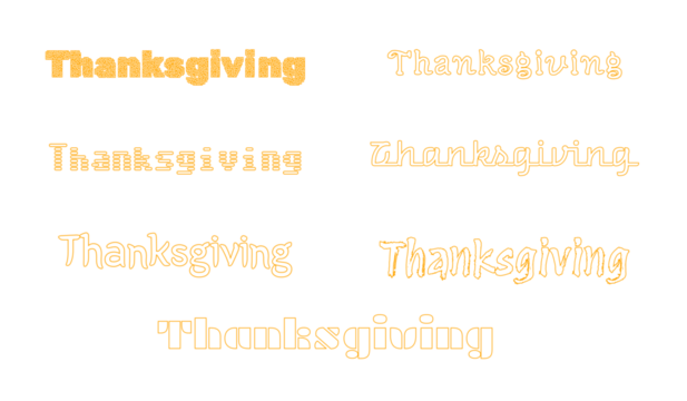 Thanksgiving outlined typography in light orange on a transparent background, minimalist holiday text design for invitations, cards, banners, posters and seasonal graphics.