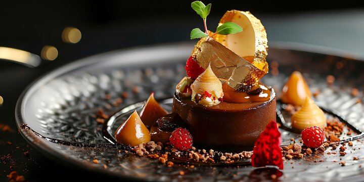 Decadent chocolate dessert elegantly plated with caramel swirls and fresh raspberries.