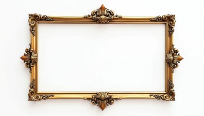Ornate gold frame on white background. Decorative rectangle border vintage, antique style with intricate patterns. Perfect for presentation, web design, art, content display, graphic projects, luxury
