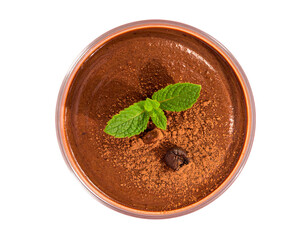 Chocolate Mousse Dessert with Mint Garnish, Top View on Soft Pink Background
