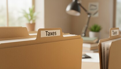 Filing taxes documents and paperwork in an office, preparing for the annual tax season, managing financial records and important bureaucracy for individuals and businesses
