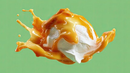 Scooped ice cream with a caramel splash, against mint green ground