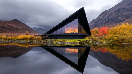 Triangular building reflects into the calm lake under a cloudy sky surrounded by colorful autumn foliage and distant mountains.