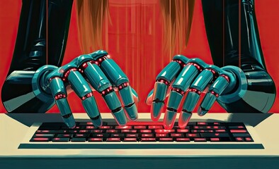 Robotic hands with humanlike skin tone quickly type on keyboard, glowing red keys illuminate the isolated scene