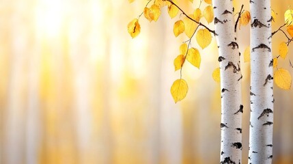 Two birch trees stand prominently with yellow autumn leaves against a bright, diffused golden light background.