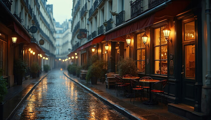 Empty European street after rain with cafe seating. Old buildings, wet cobblestone road reflect warm lights from windows, lamps. Romantic atmosphere invites quiet contemplation, urban exploration.