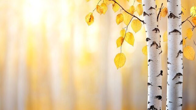 Two birch trees stand prominently with yellow autumn leaves against a bright, diffused golden light background.