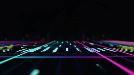 Seamless loop animation of a futuristic digital highway with neon light bars, representing a music visualizer or data flow. - Powered by Adobe
