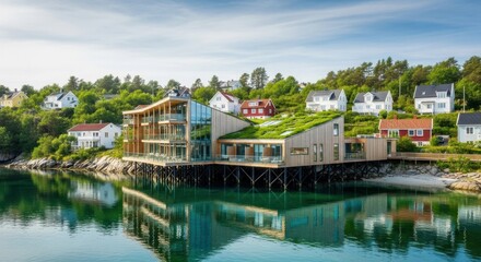 Obraz premium Modern house on stilts by the water with green roof and scenic view of residential area