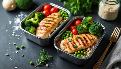 Two meal prep containers with grilled chicken breast, brown rice, broccoli, and cherry tomatoes. Balanced nutritious lunch for healthy eating and fitness. Food for diet and weight loss.