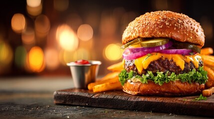 Delicious cheeseburger topped with cheddar cheese, lettuce, onions, and pickles, accompanied by crispy fries on a rustic wooden board, perfect for food lovers