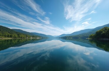 Fototapeta premium Calm wide reservoir reflecting green hills and blue sky with white clouds. Peaceful water scene with distant village nestled by forest and mountains.