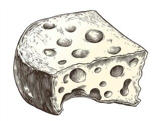 Swiss cheese block illustrated, showing texture, with an isolated white background