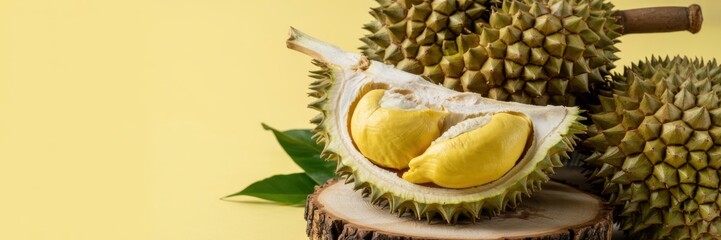 An advertising banner in light yellow color, with an image of a slice of durian, a background with space to copy.
