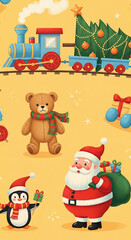 Obraz premium Festive illustration of Christmas elements like train, tree, bear, penguin, Santa, and gifts on a yellow background, evoking a joyful celebration