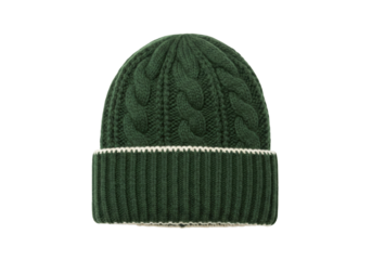 Isolated woolly dark green knit cap, winter apparel, cozy, knitted bobble hat, fashion item