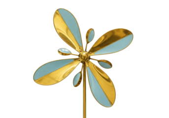 Isolated garden wind spinner, gold and blue decorative yard art for outdoor decoration, modern style