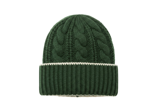 Isolated woolly dark green knit cap, winter apparel, cozy, knitted bobble hat, fashion item