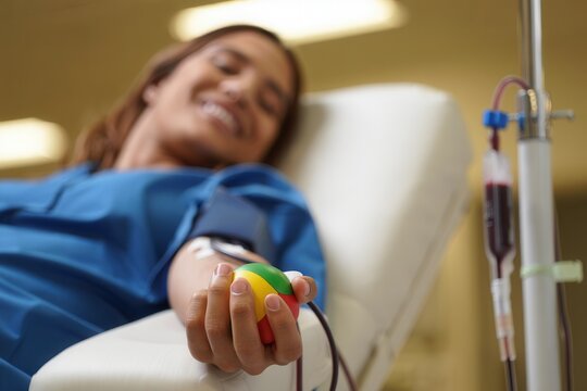 A smiling patient donates blood in a healthcare environment, showcasing the importance of blood donation and community health. - Powered by Adobe