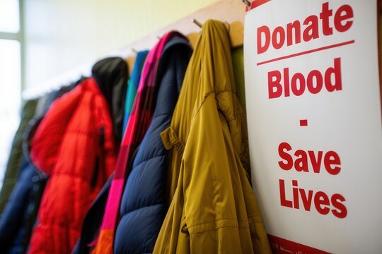 Colorful coats hanging on a rack in a donation center promoting blood donation. A sign encourages people to donate blood and save lives.