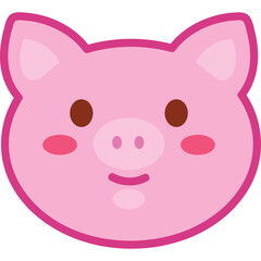 Cute pink pig face cartoon sticker with rosy cheeks and simple smile isolated on white background