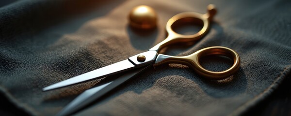 Tailor scissors with shiny steel blades, golden handles rest on dark grey fabric. Tool ready for cutting textile, sewing clothes. Craft, fashion design, garment making concept. Dressmaker work tools.