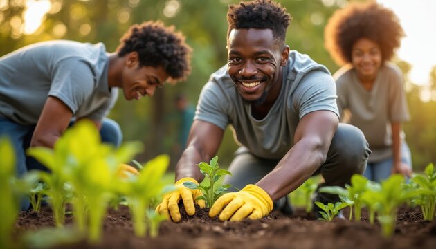 Diverse young Black people plant small green seedlings in rich dark soil. Happy friends work together, wearing yellow gloves, in community garden. Smile, enjoy planting outdoors at golden hour,