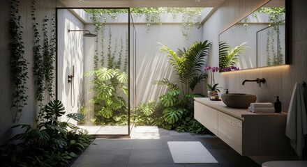Modern bathroom design with indoor plants and natural light in a serene setting