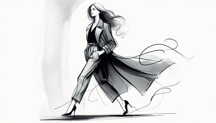 Fashion models. Sketch. Woman in pants and coat