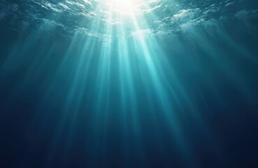 Obraz premium Illustration of underwater world. Rays of light penetrate water surface creating tranquil atmosphere. Deep blue shades create a sense of mystery and depth. Sunlight breaks into sea depths.
