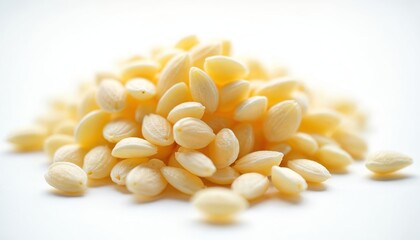 Pile of light yellow citrus seeds scattered on a plain white surface. Small oval shapes are tightly grouped together, offering a clean backdrop for recipes or health content.