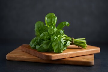 Fresh basil bundle on wooden boards against a dark backdrop, ready for cooking use