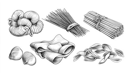 Variations of italian pasta, all resting peacefully on a bright surface, seemingly awaiting preparation