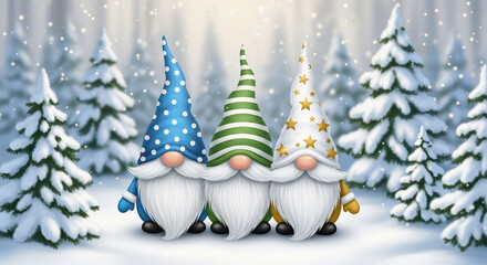 Illustration of three gnomes in snowy winter scene, featuring textured hats and long white beard, representative of holiday spirit and festive season