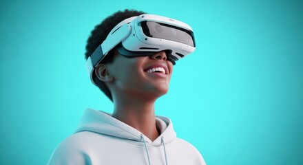 Young person enjoying virtual reality experience with bright blue background and smiling expression