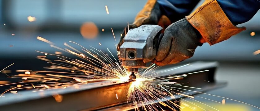 Electric angle grinder in action cutting metal with sparks flying at a construction site during the day
