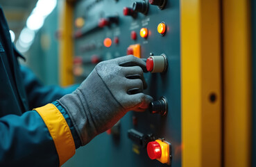Gloves hand presses red button on industrial control panel. Worker adjusts machine settings in factory. Lights blink on control board for manufacturing process.