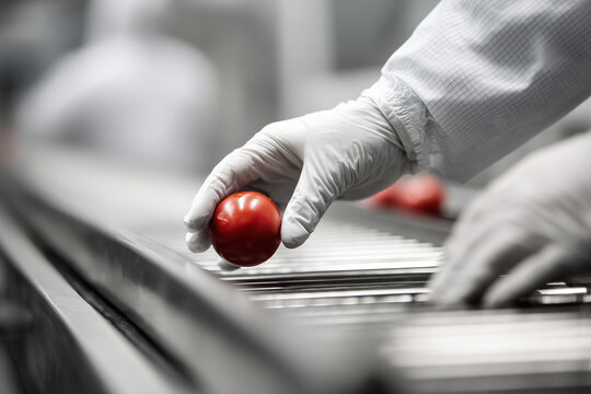 Gloved Technician Inspecting Fresh Tomatoes on a Stainless-Steel Conveyor in a Clean Food Processing Facility for Quality Control and Food Safety